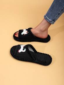 女士露趾拖鞋，可爱动物造型，布料材质，时尚百搭，四季皆宜居家穿着 - 黑色 - 查看 2