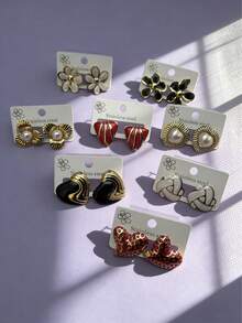 16对复古镀金不锈钢耳环——经典花朵、珍珠和几何图案，适合日常佩戴和派对场合 - 耳環 - 查看 9