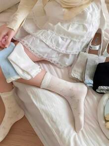 6双随机白色蝴蝶结袜子，女士薄款中筒袜，透气棉质，芭蕾舞鞋款式，夏季 - 彩色 - 查看 2