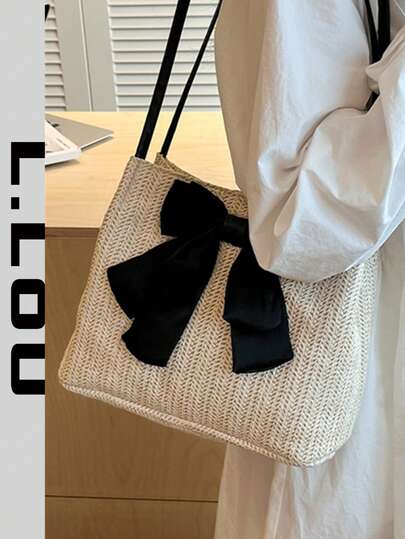 Large Capacity Fashionable Elegant Casual Niche Design Straw Handbag With Bow Decor For Women