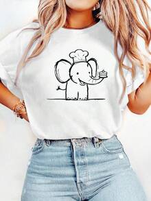 Women's Fashionable Printed Pure Cotton Short-Sleeved T-Shirt, Featuring A Graphic Print Design, Round Neck Short Sleeves, Soft And Breathable, Versatile, Suitable For Everyday Wear, A Must-Have For Fashionable Women! - White - View 1