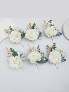 1pc/6pcs White Airen Rose With White Daisy Baby's Breath Romantic Boutonniere, Suitable For Groom, Bride, Groomsman, Bridesmaid, Wedding, Engagement, Anniversary, Party - White - View 1