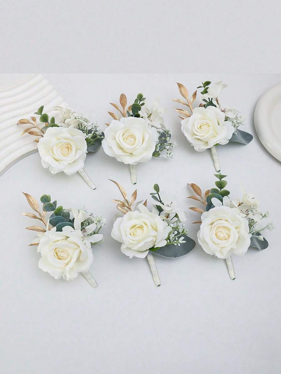 1pc/6pcs White Airen Rose With White Daisy Baby's Breath Romantic Boutonniere, Suitable For Groom, Bride, Groomsman, Bridesmaid, Wedding, Engagement, Anniversary, Party - White - View 1
