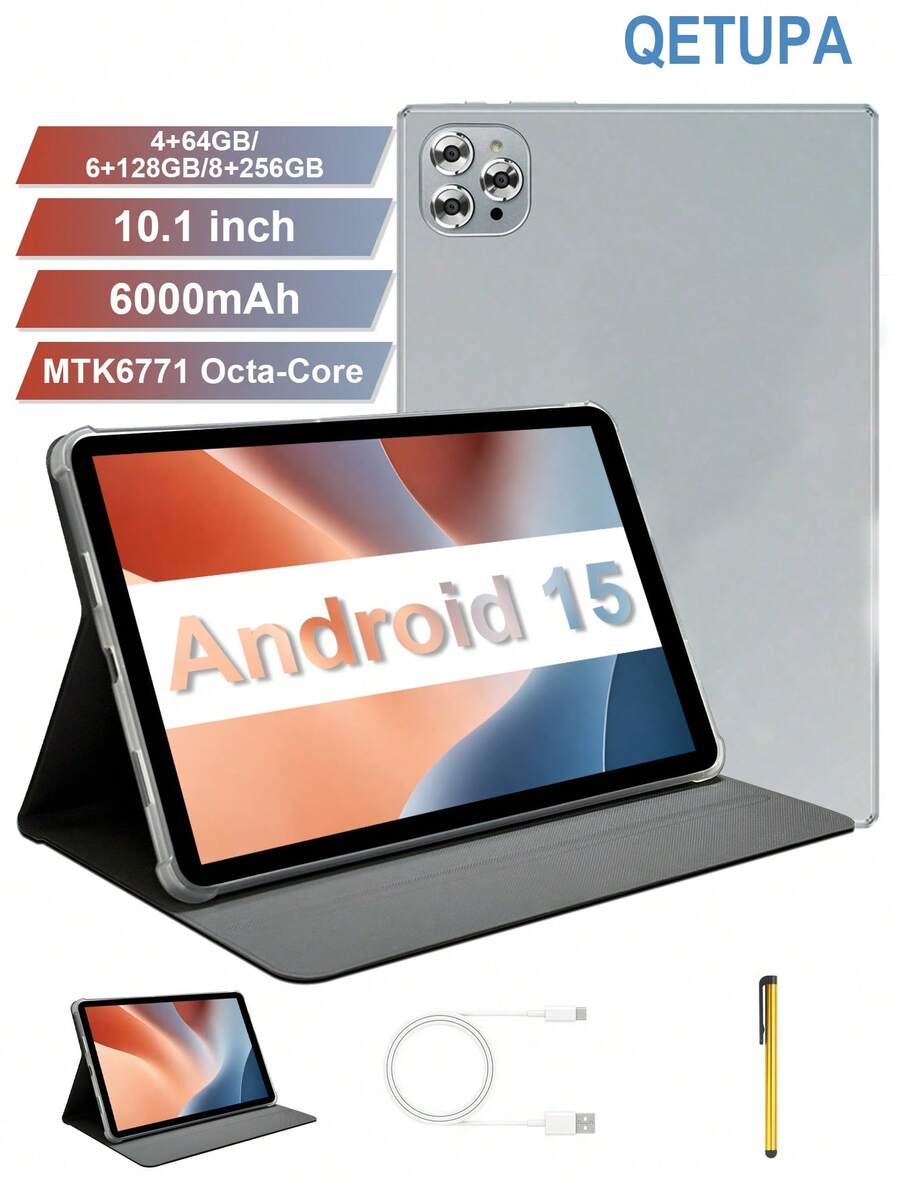Qetupa M9-4 安卓 15 10.1 英寸平板电脑，配备保护套和手写笔，搭载 MTK 6771 八核 2.0GHz 处理器，提供三种存储配置：4GB RAM + 64GB ROM / 6GB RAM + 128GB ROM / 8GB RAM + 256GB ROM（支持最高 1TB SD 卡扩展），配备 1280x800 高清 IPS 触控屏、5MP+13MP 双摄像头、6000mAh 大容量电池、Type-C 接口、802.11ax Wi-Fi 6 和 GPS。