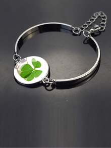 1pc Elegant Lucky Bracelet, Embedded With Four-Leaf Clover Glass Dome Design, Fashionable And Generous, Suitable For Men And Women, An Excellent Gift And Ideal Birthday Present - Silver - View 10