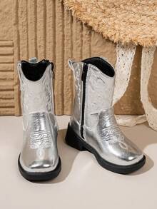 NILOSH Embroidered Western Cowboy Boots, New Fashion Mid-Calf Boots For Boys & Girls, Retro Style - Silver - View 3