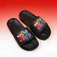 1 đôi dép lê trẻ em đế mềm EVA in chữ hoạt hình, nhẹ, kiểu dáng tối giản thời trang chống trượt bền chắc dành cho bé trai và trẻ lớn. - màu đen - Xem 18