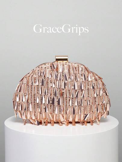 Elegant Shiny Beaded Evening Clutch Bag, Vintage Chain Strap Handbag, Mini Square Box Purse, Suitable For Party Girls, Brides, College Students, Young Professionals, Versatile For Party, Prom, Wedding, Perfectly Matched With Ball Gown Accessories, Random Pattern