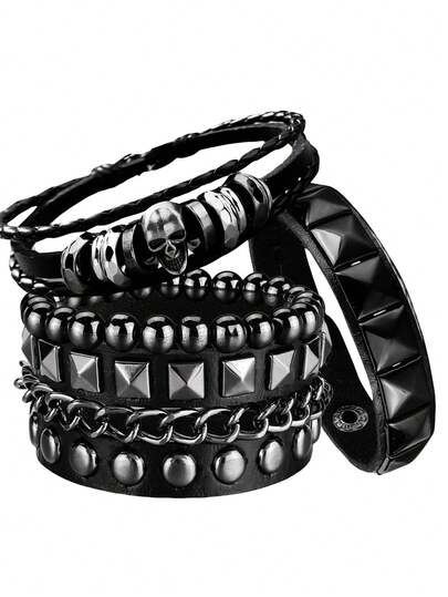 1/4 Pcs Leather Punk Rock Studded Bracelets Set For Men And Women 80s Adjustable Spike Cuff And Retro Emo Jewelry Accessories