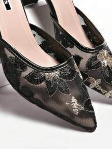 New Chinese Style White High Heel Mules, Pointed Toe Lace Embroidery Convertible Sandals For Women - Black - View 7