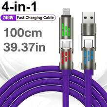 240W 多功能超快充四合一 USB A/Type-C/Lightning 液态硅胶快充线,铝合金 LED 指示灯,高效数据传输,便携式旅行充电线,兼容 17/16/15/14/13/12 Pro Max Plus、S26/S25/S24/S23/S22/S21 Ultra,通用数据线 - 紫色 - 查看 3