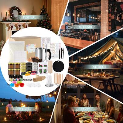 DIY超值套装，适合初学者和爱好者。套装包含天然大豆蜡、精油、蜡染料、各种蜡烛罐、烛芯以及不锈钢熔蜡锅、搅拌勺等必备工具。有了这套材料，您可以轻松制作精美的香氛蜡烛，用于家居装饰、节日点缀或作为贴心的手工礼物。