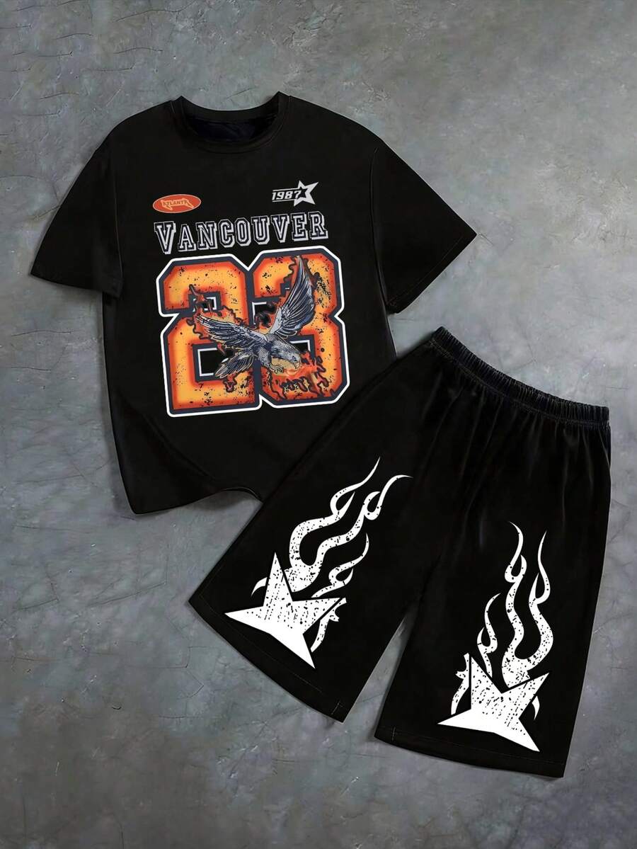 2pcs/Set Toddler Boys' Casual Minimalist Numeric Print Short Sleeve Round Neck T-Shirt + Pants - Black - View 1