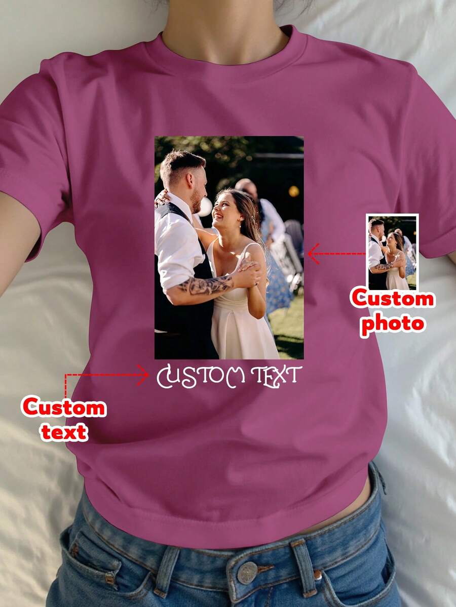 Áo thun in ảnh theo yêu cầu, thêm chữ và hình ảnh của riêng bạn (ảnh cặp đôi/ảnh bạn gái/ảnh gia đình/ảnh selfie/ảnh thú cưng/ảnh bạn bè/ảnh tiệc tùng) để thiết kế chiếc áo thun cá nhân hóa của riêng bạn, thời trang, đơn giản, cá tính, phong cách retro, quà tặng cho người yêu, áo nữ. - Màu tím - Xem 1