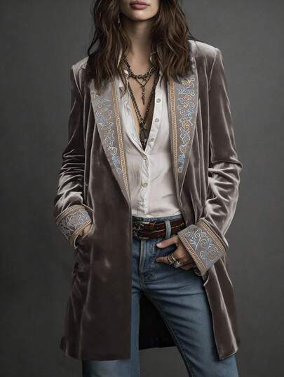 复古优雅开襟领口及袖口刺绣波西米亚风长袖女士西装外套，适合办公室、晚宴、度假、生日派对、正式晚宴、婚礼、休闲聚会等多种场合。