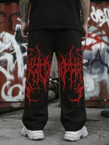 FRACTYR Men's Summer Casual Street Fashion Gradient Black Thorn Death Metal Text Graphic Loose Breathable Double-Sided Print Long Pants - Black - View 7