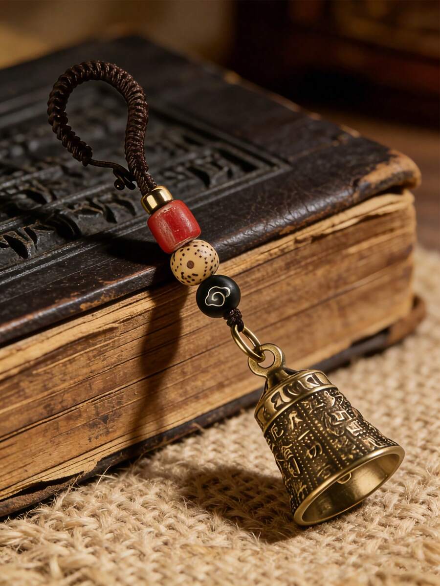 1pc Handmade Vintage Bell Keychain, Pure Brass Bell Car Key Chain Pendant With Woven Rope And Bead Decor, Exquisite Carving Design, Red & Black Beads, Golden Cap, Buddhist Mantra Bell, Good Luck, Travel, Camping And Holiday Gift, Travel Accessory - Multicolor - View 1