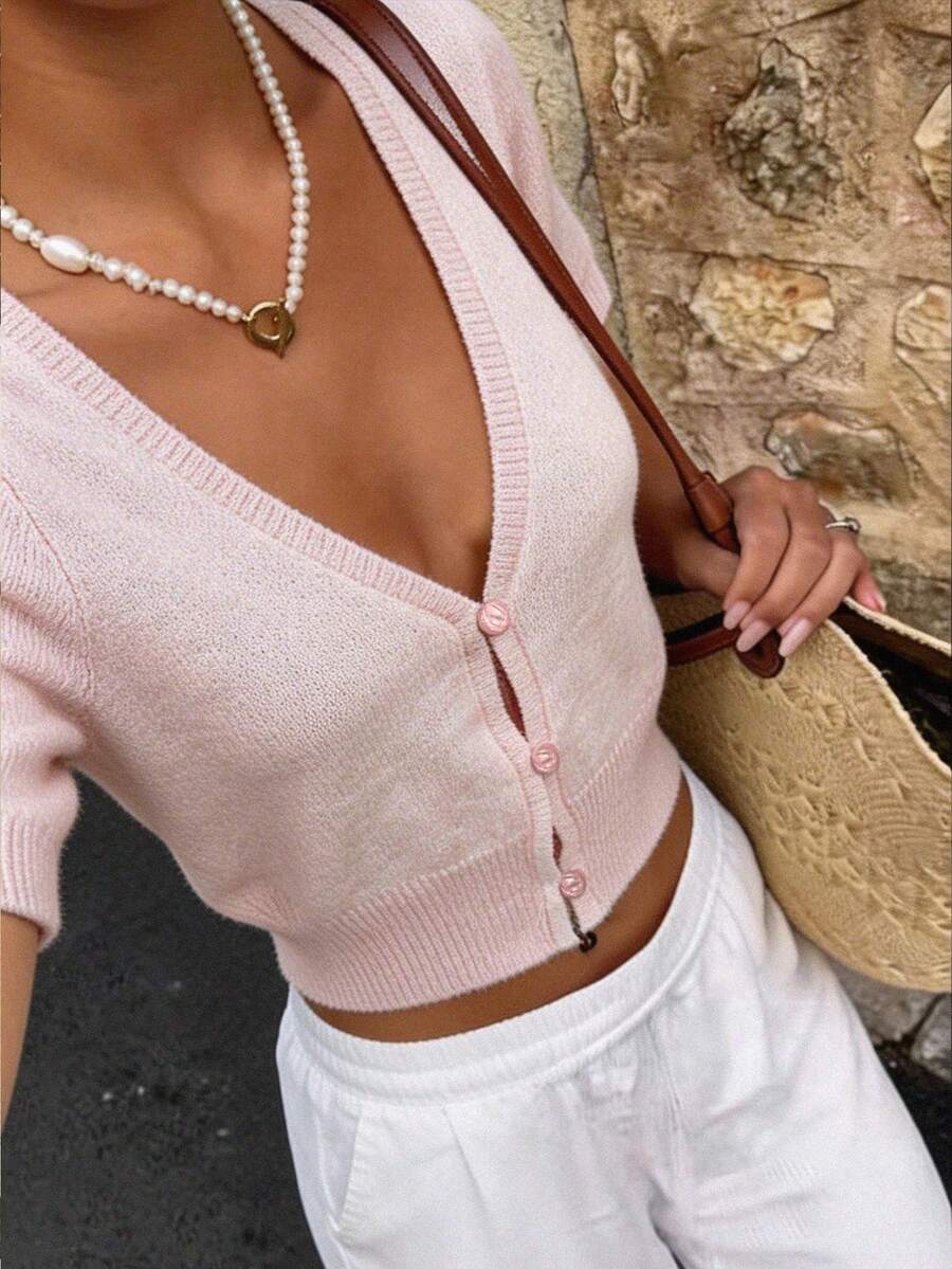 Women's Pink Short Sleeve V-Neck Knit Cardigan, Lightweight Front Button Casual Top, Summer Clothing