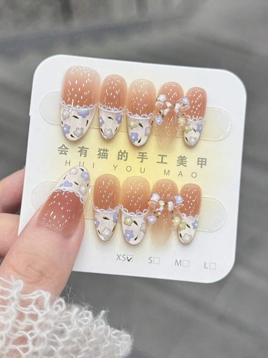 10片/套 美甲贴片，春日田野小花，春夏款，甜美闪亮，猫眼图案，手绘蕾丝，腮红花朵，手工美甲贴片 - 彩色 - 查看 1