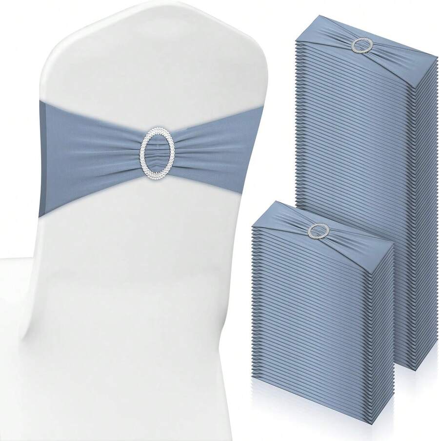 150 Pieces Spandex Stretch Chair Sashes Bows Elastic Chair Cover Bands Ties With Slider Wedding Party Reception Events Universal Ceremony Banquet Decorations (Gold) - Dusty Blue - View 1