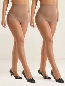 2双装女士性感透明丝袜，时尚简约，舒适透气 - 杏色 - 查看 6