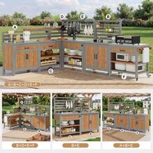 Table d'appoint pour barbecue, meuble de jardin mobile, résistant aux intempéries, plan de travail en acier inoxydable, buffet d'extérieur, meuble de jardin avec lavabo, robinet et ouvre-bouteille intégré - Naturel - Voir 5