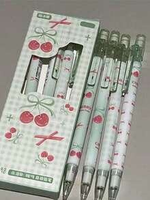 4pcs Matcha Green Cherry/Apple Automatic Pencils, Fashionable High-Quality Butterfly/Red Cherry Mechanical Pencils, Durable 0.5mm Lead, Student & Office Supplies - Multicolor - View 4