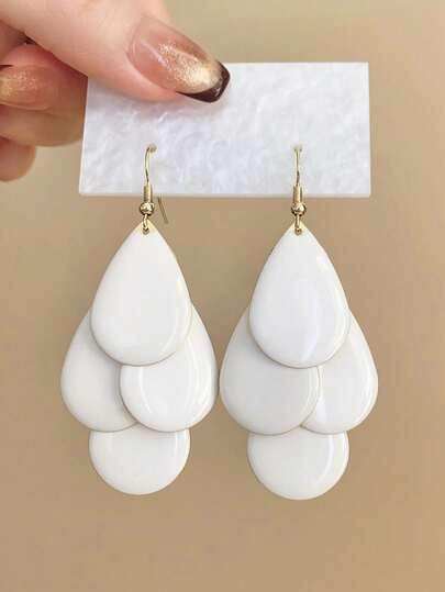 1 Pair White Layered Water Drop Earrings, Minimalist Elegant Long Metal Earrings For Women, Suitable For Evening Gala, Party, Casual Wear