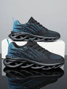 男士镂空针织透气休闲运动鞋 - 黑藍色 - 查看 2