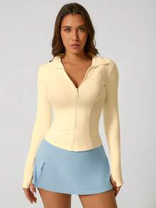 1pc Women's Fishbone Line Black Sports Jacket, Elastic Fitted Yoga Coat - Yellow - View 5