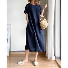 Women Summer 2026 New Simple Artistic Loose Fitting Slimming Cotton Linen Mid Length Dress - 紫色 - 查看 10