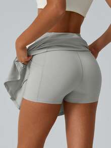 NcmRyu 1pc Women Solid Color Elastic Lining Shorts With Pockets, Sports Tennis Skirt - Grey - View 6