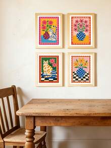 4 Pieces Retro Cartoon Cat And Flower Vase Canvas Wall Art Set Dopamine Color Checkerboard Matisse Poster Ins Aesthetic Combination Painting For Living Room Bedroom Home Wall Decor No Frame - Cartoon - View 7