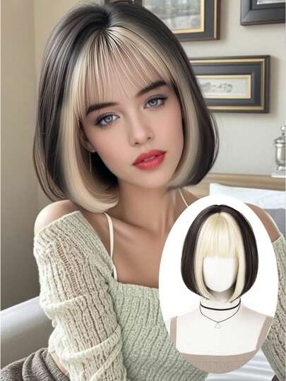 Tóc giả ngắn thẳng màu nâu 12 inch có mái, chất liệu tổng hợp chịu nhiệt với điểm nhấn màu đỏ và vàng, nhiều màu sắc phù hợp cho sử dụng hàng ngày và dự tiệc, trông tự nhiên.