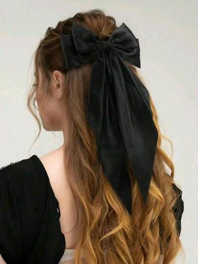 1个优雅黑色缎面蝴蝶结发夹，带长飘带，简约超大蝴蝶结发卡，适合女性和女孩，防滑强力固定，完美适用于女性日常佩戴、约会、派对、婚礼和摄影，Y2K ins风格发饰，轻盈柔软的面料，适合所有发型。