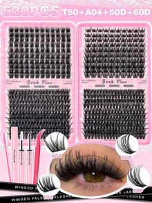 620Pcs DIY Cluster Eyelash Extensions Kit T50+A04+50D+60D Mixed Tray Natural Fluffy Wispy Individual Lashes With Bond Seal Tweezers For Beginners - Black - View 9
