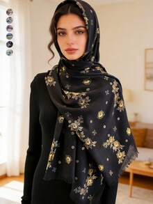 1件复古波西米亚风竹节纱线印花流苏头巾，金色花朵箔片装饰，柔软材质，多功能防晒/防风头巾披肩，适合日常生活/节日派对/宴会等场合。 - 彩色 - 查看 1