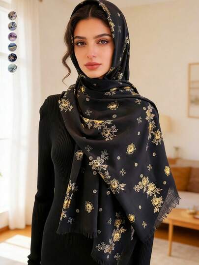 1件复古波西米亚风竹节纱线印花流苏头巾，金色花朵箔片装饰，柔软材质，多功能防晒/防风头巾披肩，适合日常生活/节日派对/宴会等场合。
