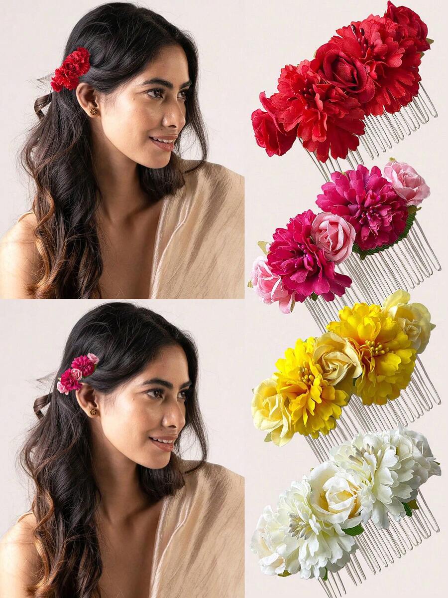 1pc Women's Faux Fabric Solid Color Flower Hair Comb, Fashionable Shiny Rose Greenery Hair Clip Side Comb, Suitable For Summer Beach Vacation, Autumn Decoration, School Supplies