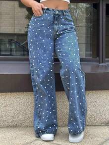 Women's Straight Leg Pant Jeans,Pearl Decoration,Button Zipper And Pocket Summer Jeans - Rửa trung bình - Xem 9