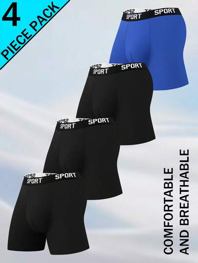 4 piezas Calzoncillos tipo bóxer deportivos para hombres, cómodos y transpirables, de unicolor, paquete múltiple