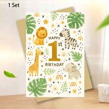 1/3 Sets Cute Animal Theme 1st Birthday Greeting Cards With Envelopes, Featuring Illustrations Of Lion, Giraffe, Zebra, Elephant And Tropical Leaves, Perfect Memento For Friends, Birthday Or Special Celebration - Multicolor - View 11
