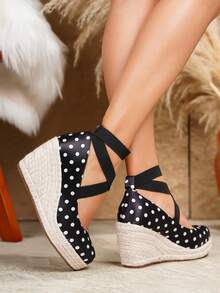 Women's Wedge & Platform Slip-On Espadrille Shoes, Black Round Toe Vacation Beach Woven Strap Sandals, Vacation Rope Sole Elastic Band Paired With Women's Shoes - Black - View 5