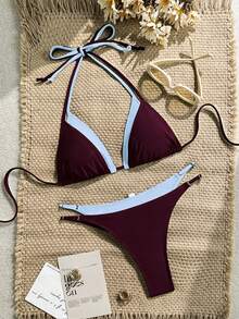 LUCKY HOLIDAY Bộ bikini tam giác gợi cảm mùa hè họa tiết da báo với dây buộc và phụ kiện dây xích kim loại, thích hợp cho kỳ nghỉ. - Nâu xanh - Xem 3