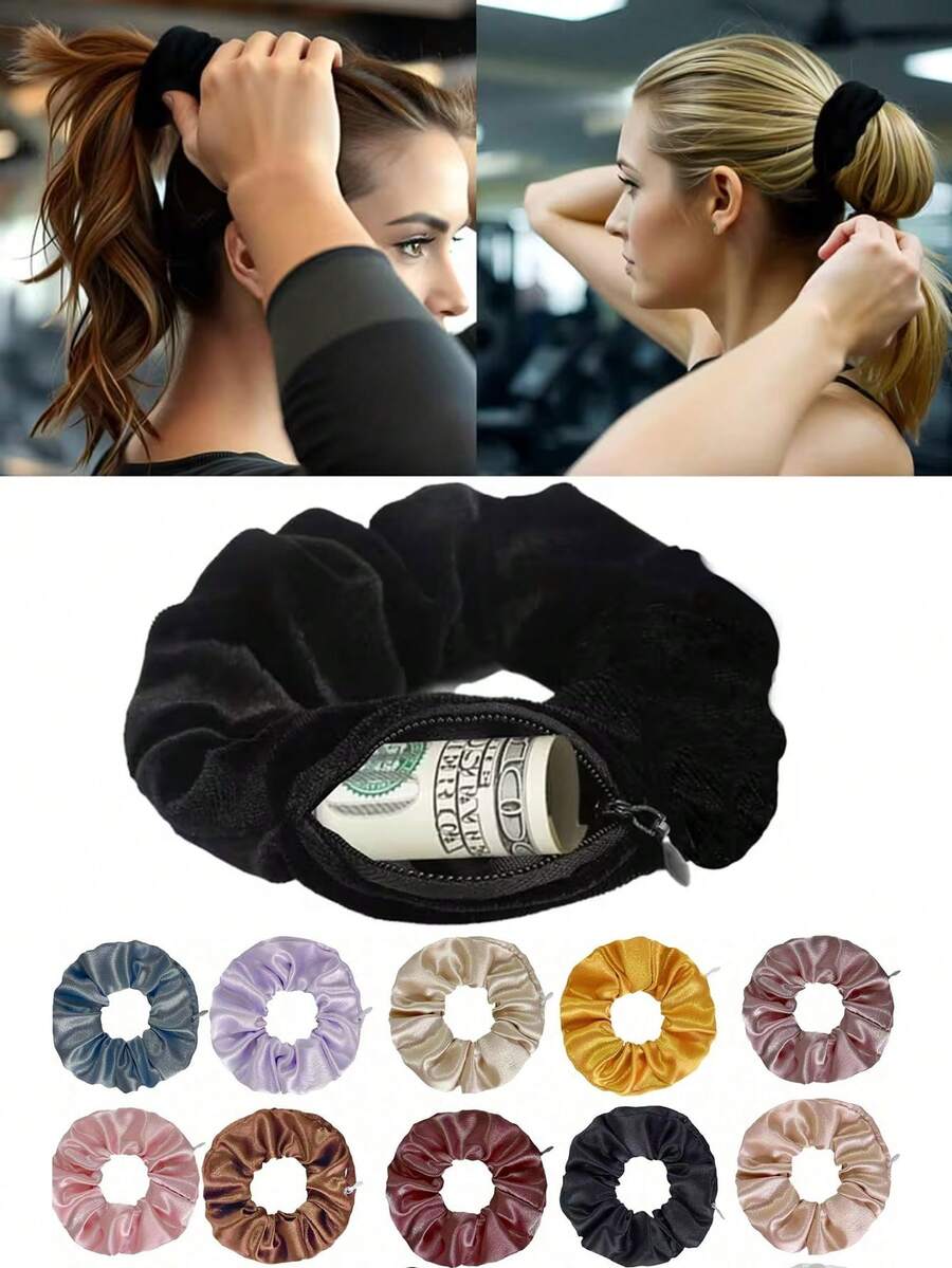 Chouchous en velours avec poche zippée, élastiques à cheveux pour femmes, accessoires pour grandes filles, chouchou noir pour queue de cheval, élastiques à cheveux, cadeaux pour femmes, accessoires pour cheveux, supports de queue de cheval, élastiques à cheveux, élastiques à cheveux, chouchous, corde à cheveux, boules de cheveux, accessoires de salle de bain, rentrée scolaire, fournitures extérieures (fermeture éclair aléatoire)