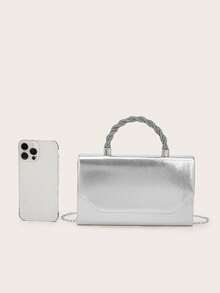 Minimalist And Sleek PU Clutch With Twisted Crystal Handle And Envelope Flap, Featuring Clean Lines, A Refined Metallic PU Finish, Streamlined Twisted Crystal Handle And Timeless Envelope Silhouette. It Is The Best Gift For Women - Silver - View 7