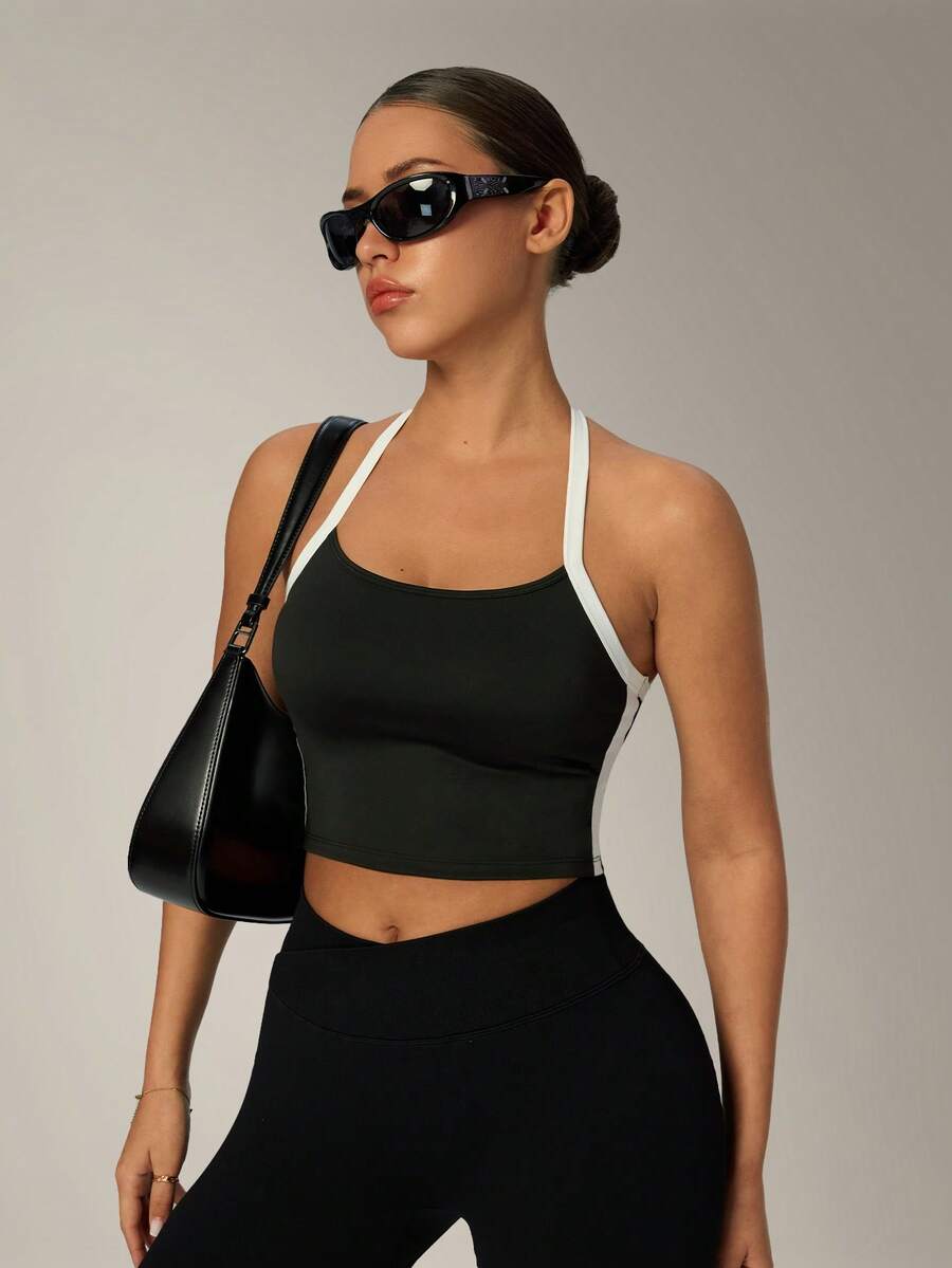 VVX Áo tank top nữ phối màu cổ yếm, thích hợp tập luyện yoga, gợi cảm, hở lưng, dáng croptop, phối màu tương phản phong cách Y2K, mềm mại, thoải mái, phù hợp mặc hàng ngày ở phòng tập, mọi mùa. - màu đen - Xem 1