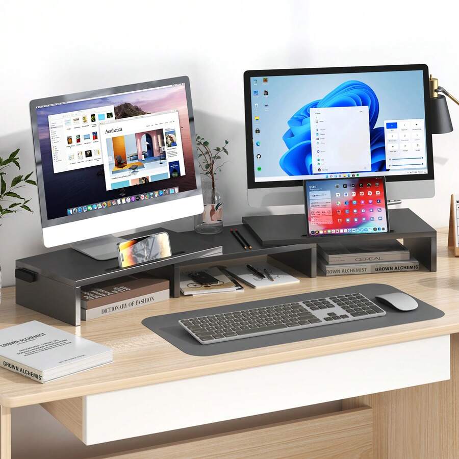 Advwin Dual Monitor Stand Riser Desk Organizer Computer Stand Adjustable Length And Angle Black - View 1