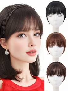 女士单股辫假发发箍，带刘海，法式风格，逼真自然，遮盖白发，增加头顶蓬松度，合成纤维假发发箍 - 彩色 - 查看 1