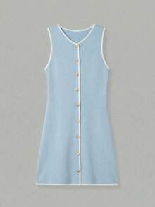 Vestido de cárdigan de punto elegante y minimalista para mujer, estilo Mori Girl para primavera/verano - Azul claro con bordes blancos - Ver 8